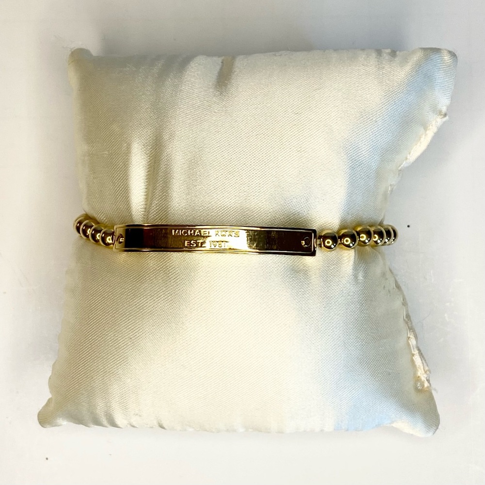 Michael Kors Gold adjustable beaded, leather and elastic ID bracelet